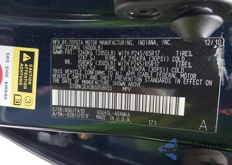 2011 Toyota Highlander Base V6 from USA, damaged, VIN 5TDBK3EH3BS058655